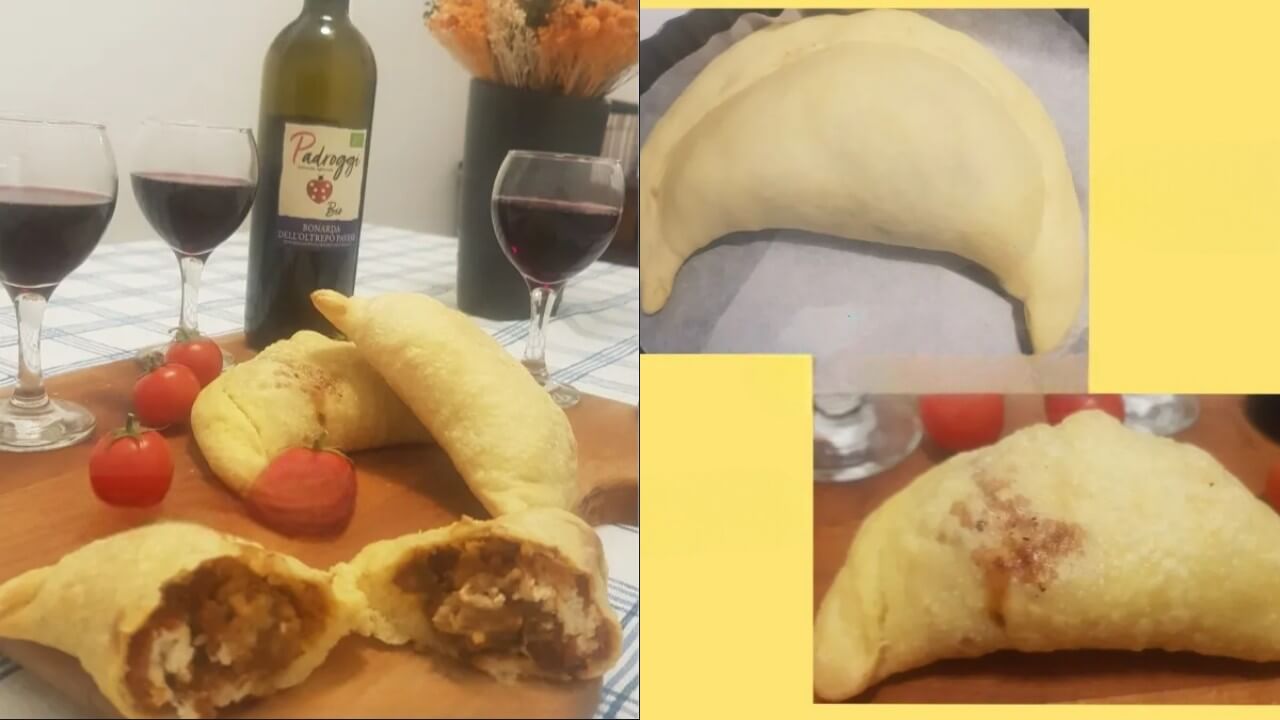Calzoni ripieni fritti con vino e 2 bicchieri