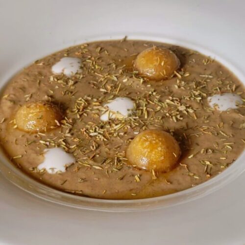 Vellutata di funghi al cocco con gocce di brodo al miso