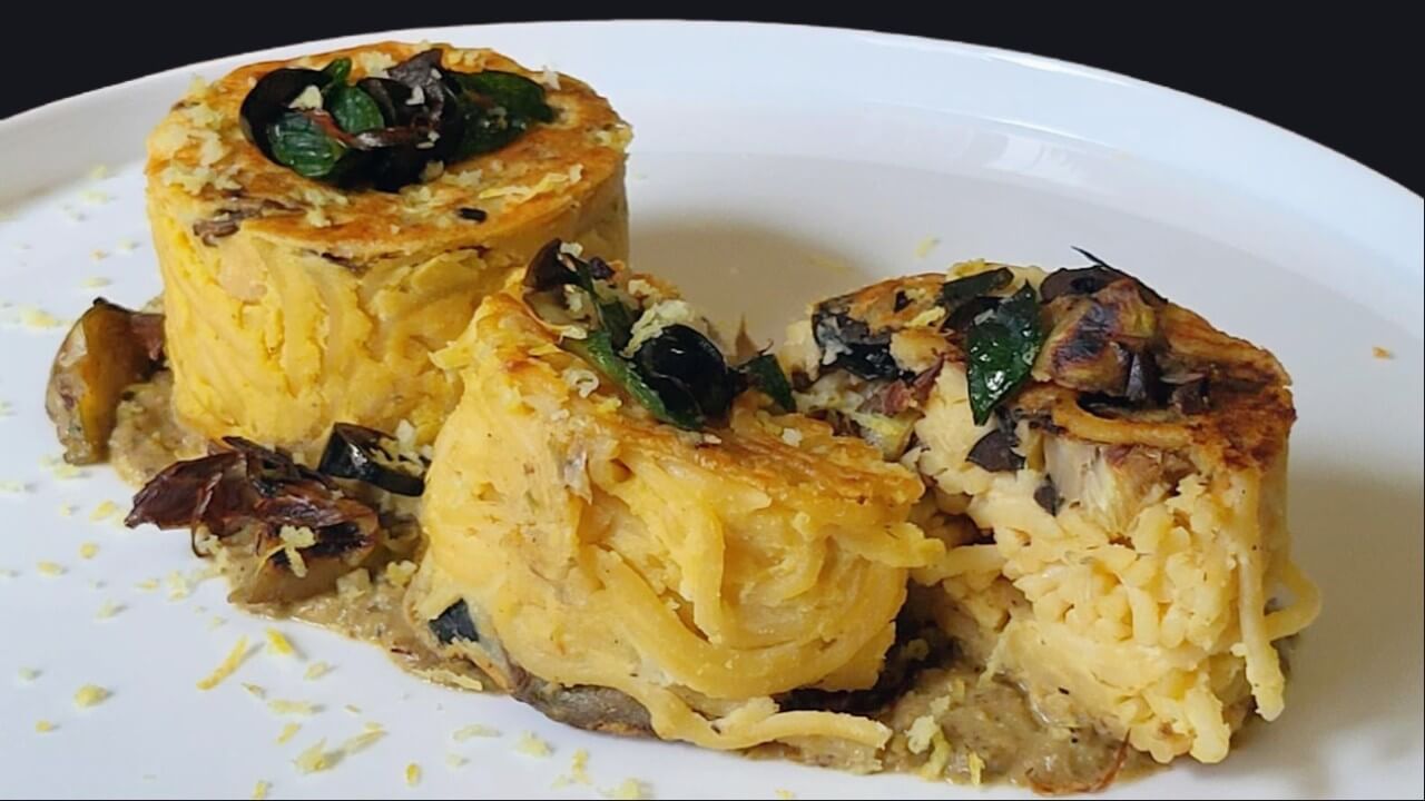 Nido di pasta fritta con menta,carciofi e mandorle