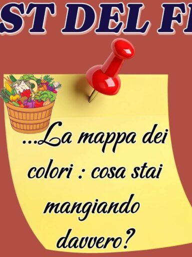 Locandina sfondo bordeaux che parla dei colori delle verdure e le loro proprietà