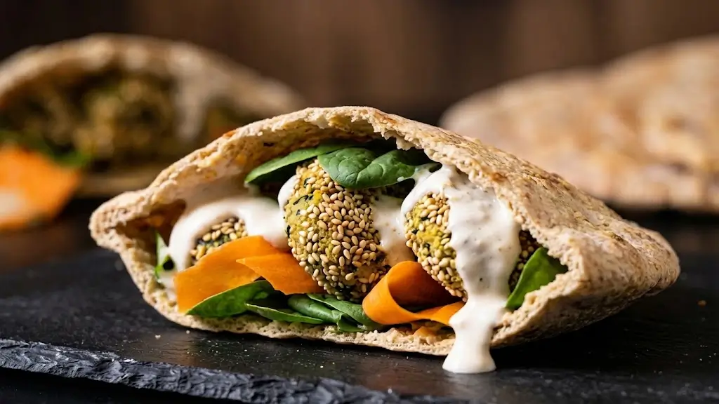 Pita di mare : ripiena di falafel di tonno di jackfruit Immagine attuale: Pita con falafel con carote e spinacino su ardesia nera