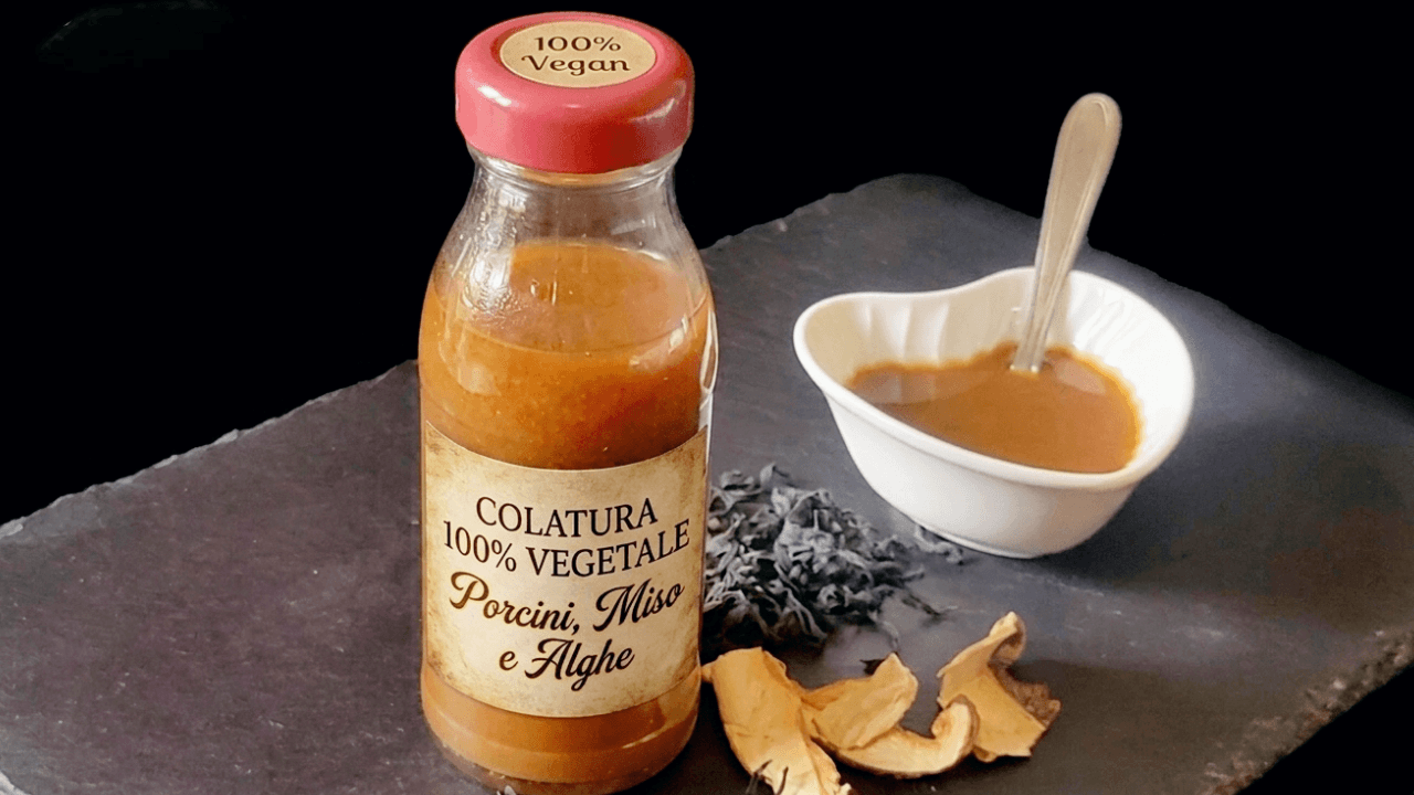 Bottiglietta con liquido marrone colatura di funghi e alghe