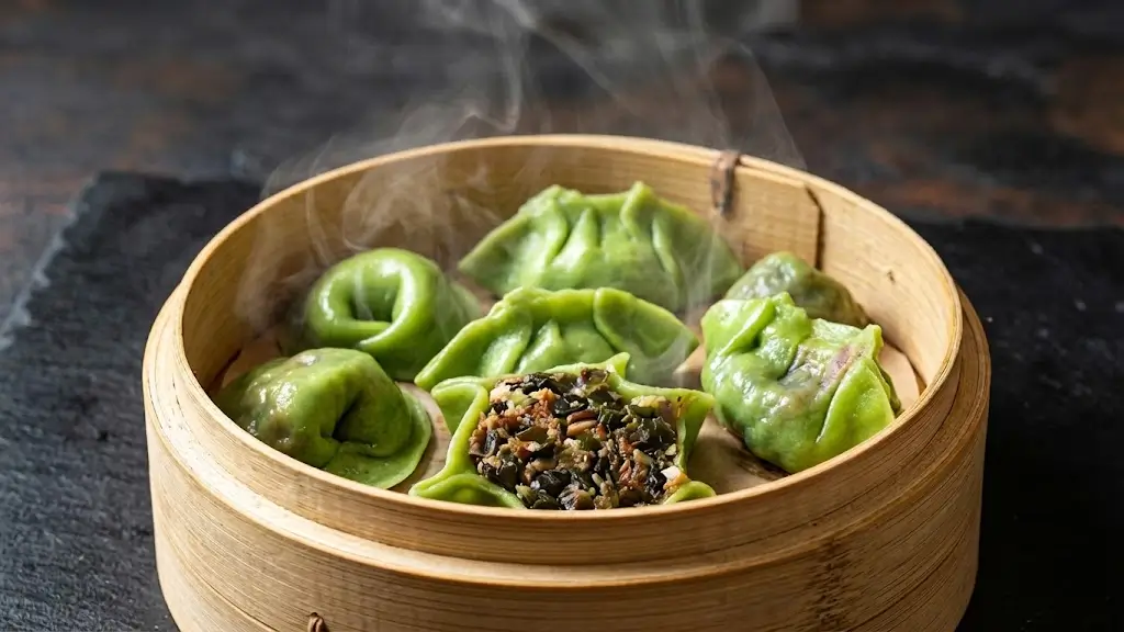 Ravioli verdi ripieni su cestello bamboo
