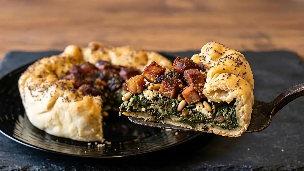 Crostata ripiena su piatto nero