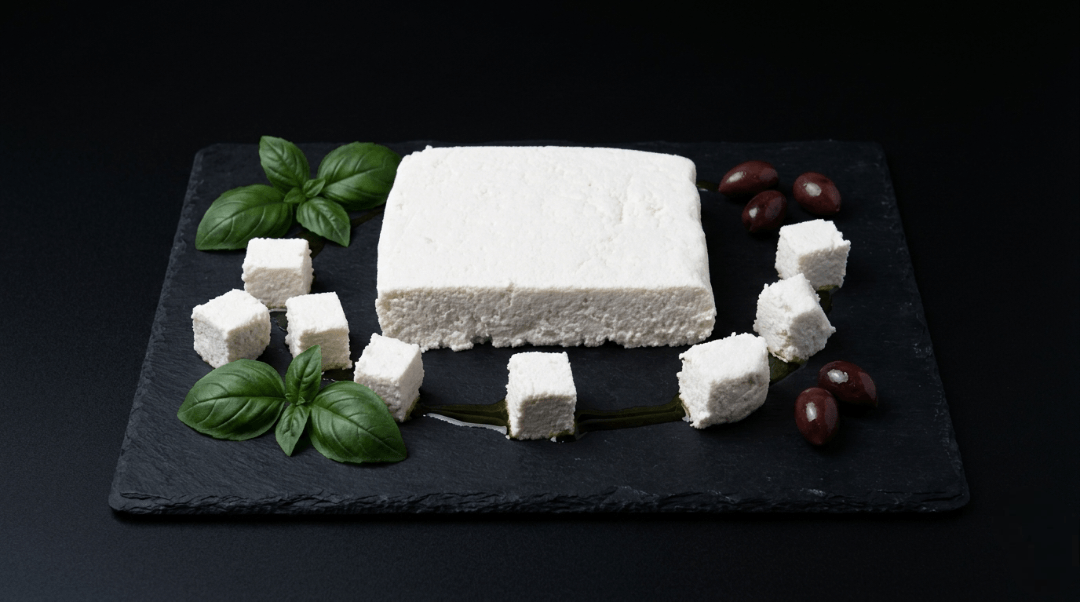 Feta vegana su piatto ardesia nera