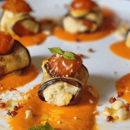 Involtini di melanzane con hummus e pomodori confit su coulis di peperone