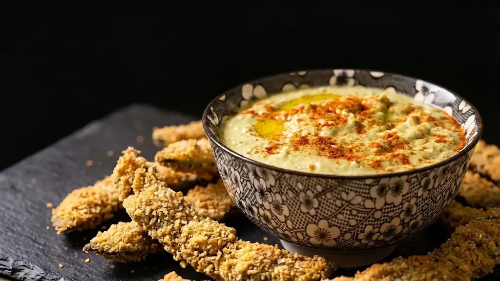 Ciotola nera e bianca con hummus di fave verdi e paprika con baccelli croccanti
