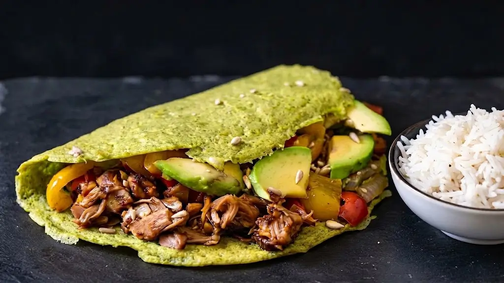Crepes alla messicana : jackfruit sfilacciato e basmati con avocado e salsa di peperoni