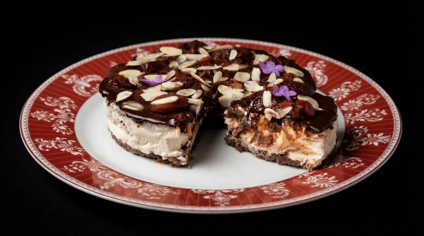 Torta fredda allo yogurt : base riso soffiato con topping crema al cacao e glassa alle ciliegie