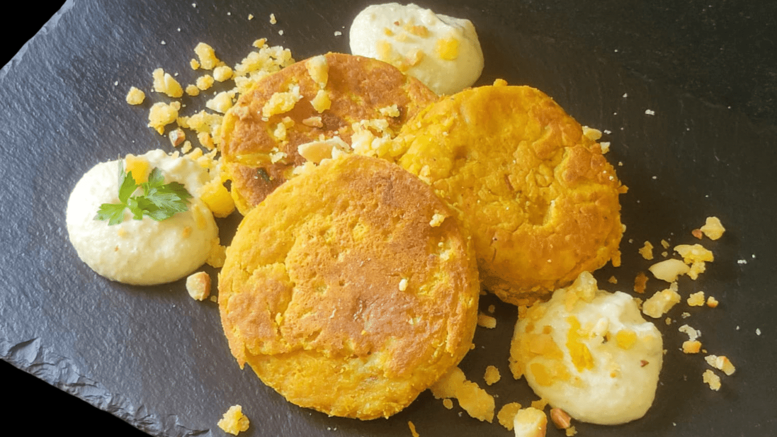 Frittatine di lupini ,maionese di anacardi crudista e crumble alle mandorle