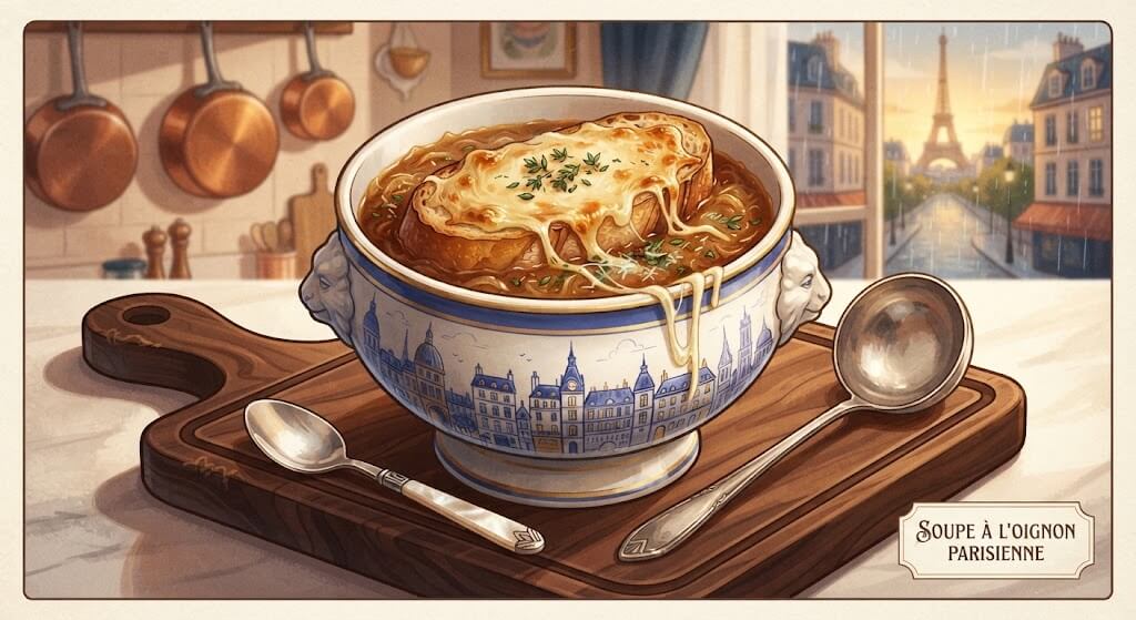 Zuppa di cipolle parigina vegana gratinata