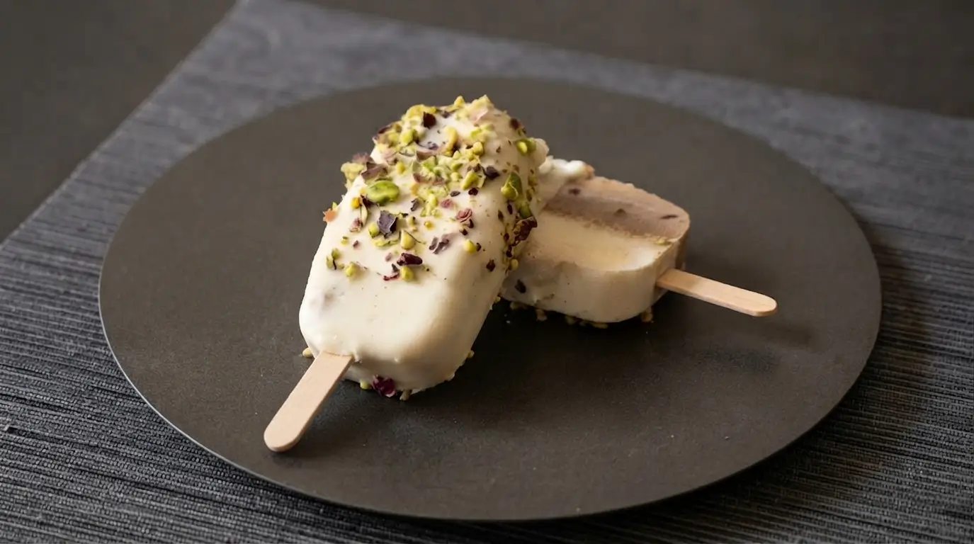 Stecco vegan di semifreddo caffè e mandorla,ricoperto da cioccolato bianco spalmabile al rum su piatto acciaio nero
