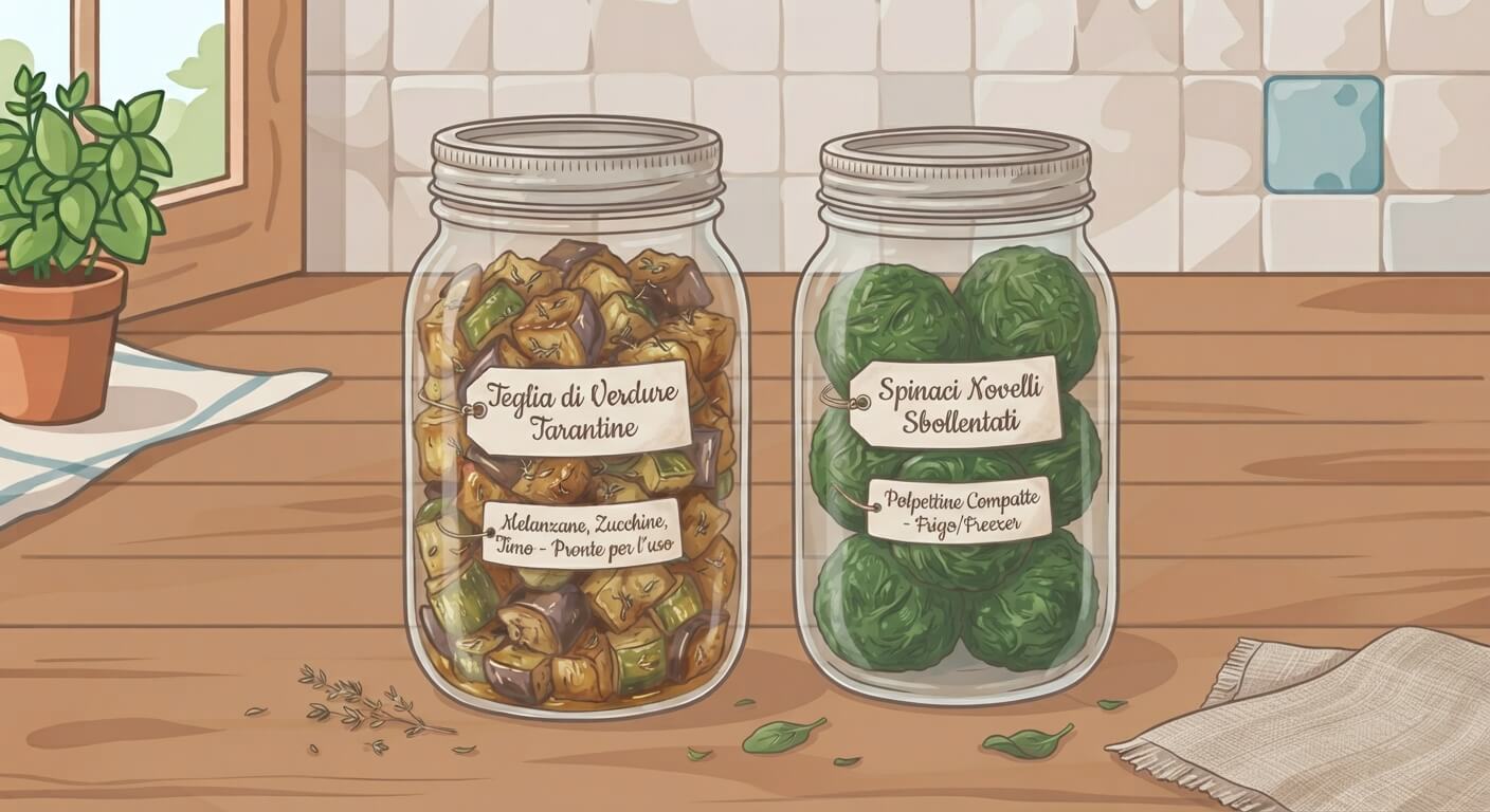 Batch cooking vegetale contenitori di vetro con verdure di settembre