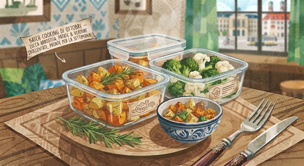 Batch cooking vegetale contenitori di vetro con verdure di ottobre