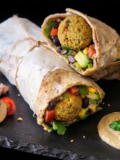 Wrap con falafel di lupini: la mia versione vegana del famoso fagottino colorato messicano su tagliere ardesia nero