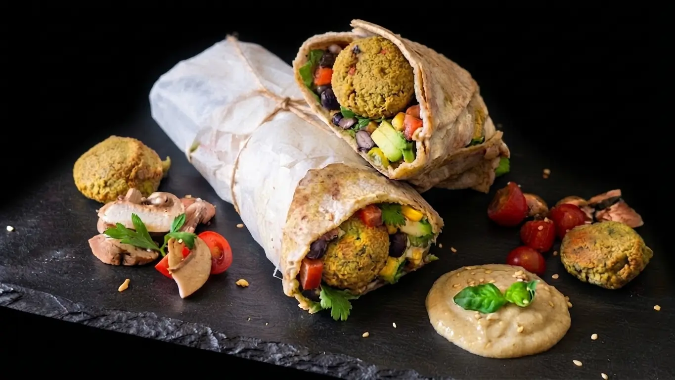 Wrap con falafel di lupini: la mia versione vegana del famoso fagottino colorato messicano su tagliere ardesia nero