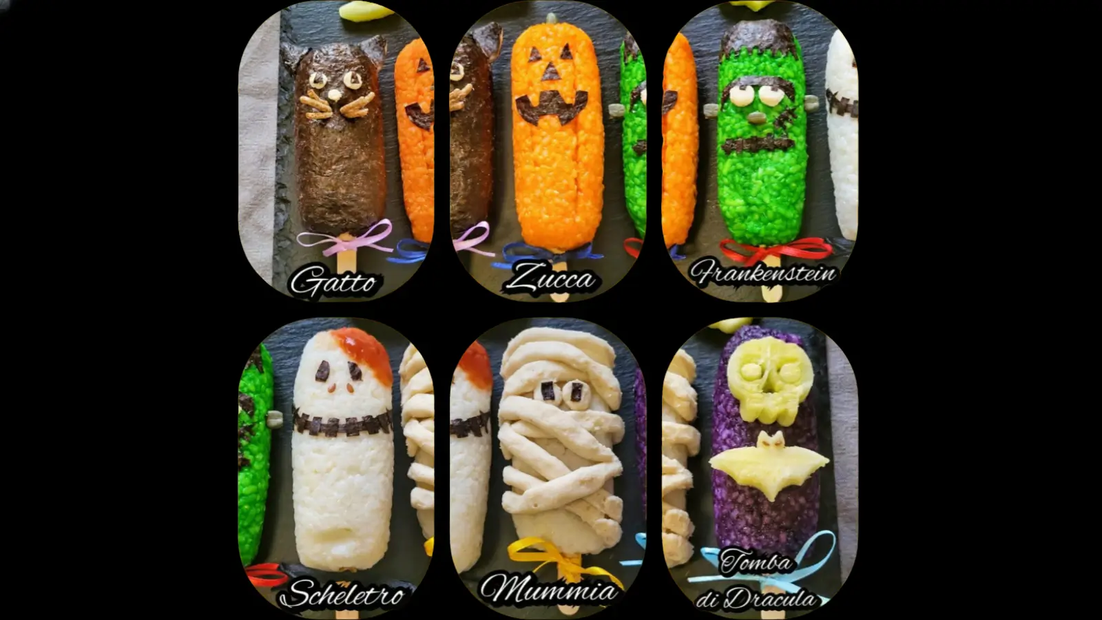 Halloween  Onigiri spaventosi : gatto,zucca, frankenstein,scheletro, mummia, tomba di dracula,ripieni di tonno veg ,decorati con formaggio a fette veg ed alghe
