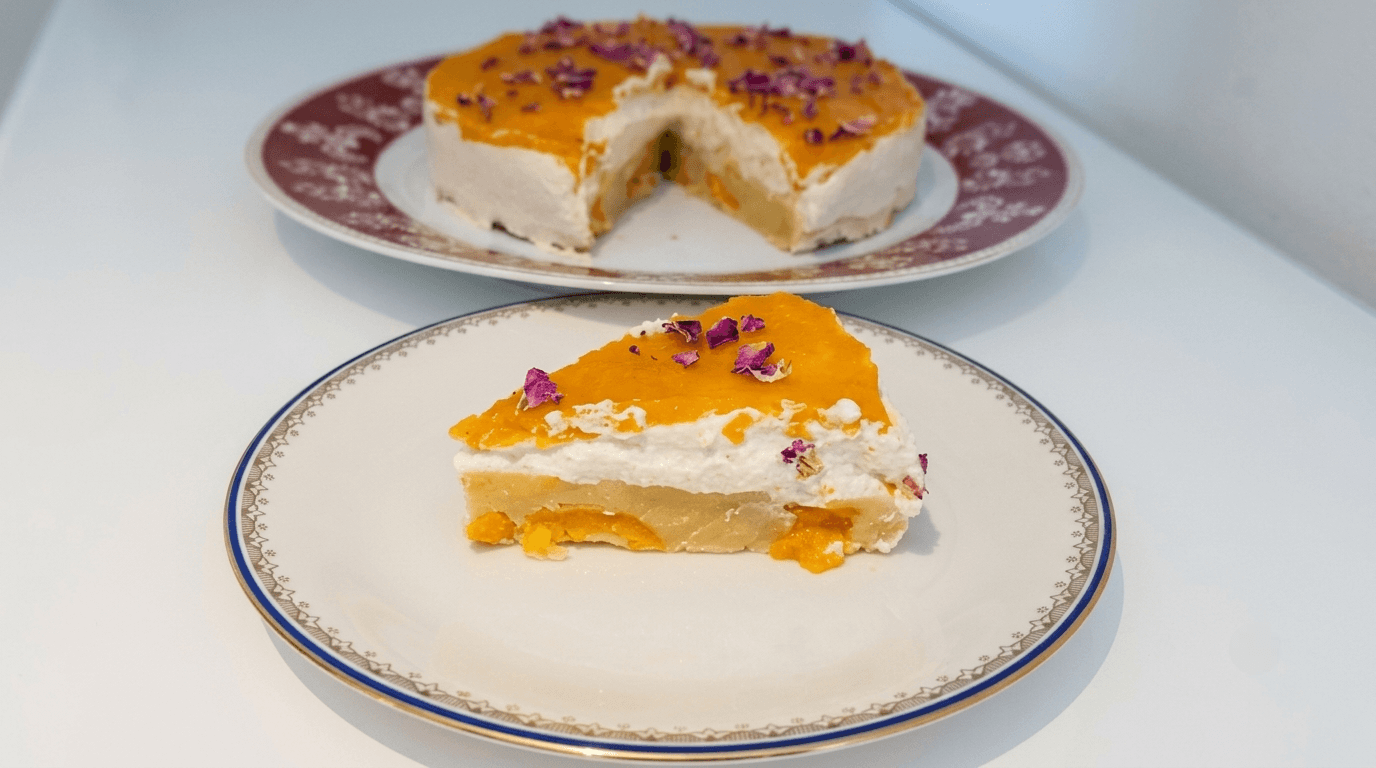 Cheesecake fredda ricotta soia e albicocche su piatto bianco